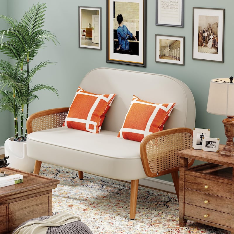 Loveseat Sofa Small Couch for Living Room, Faux Leather Mini Couch Love Seat with Natural Rattan Armrest and Solid Wooden Legs