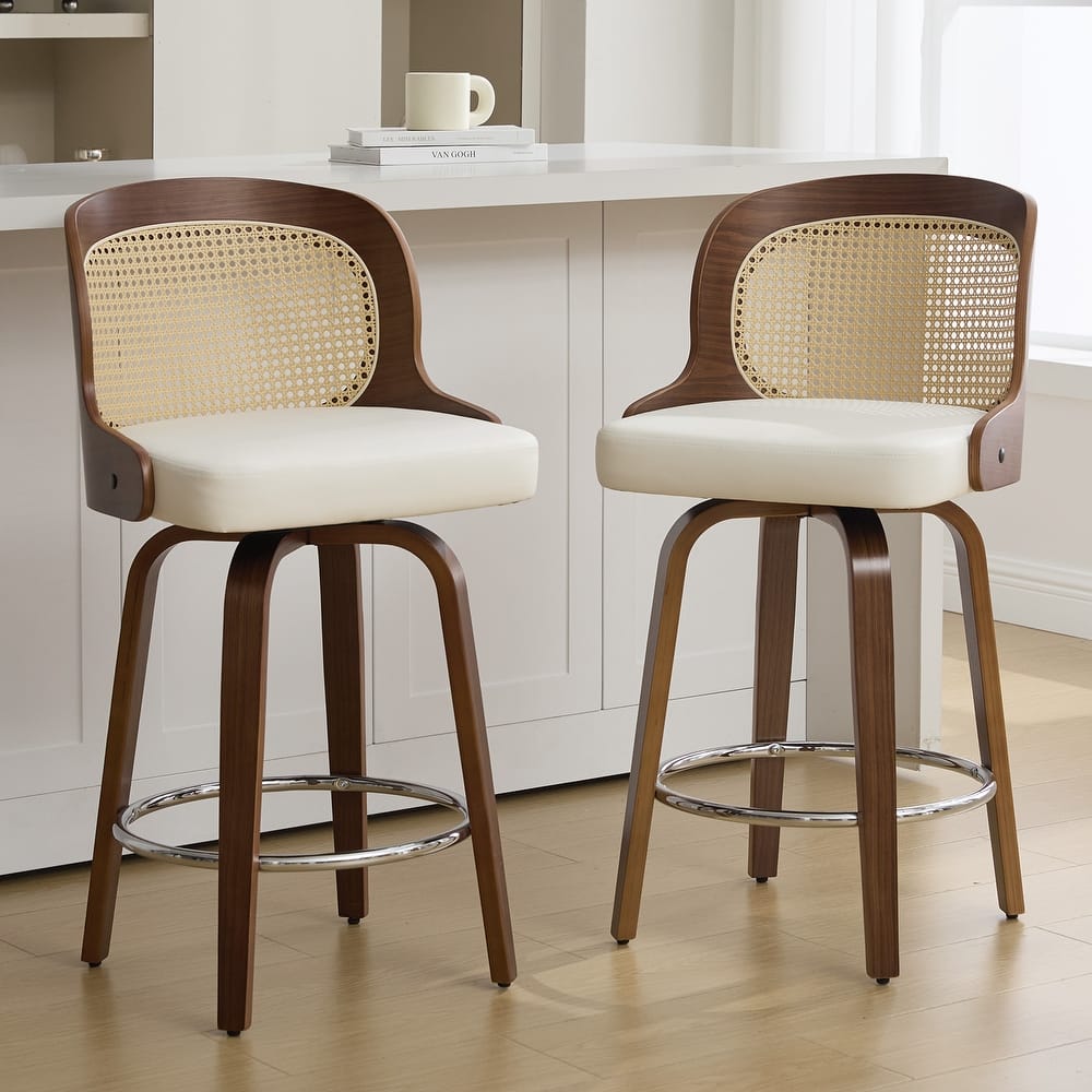 26" Upholstered Swivel Counter & Bar Stool with Rattan Back - 37.4"H x 19.09"W x 19.88"D
