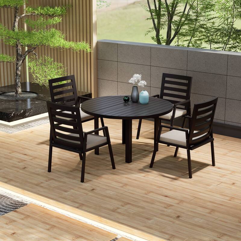 Chelsea 5-Piece Aluminum Outdoor Dining Set 48 in. Round Table and 4 Dining Armchair w/ Cushions