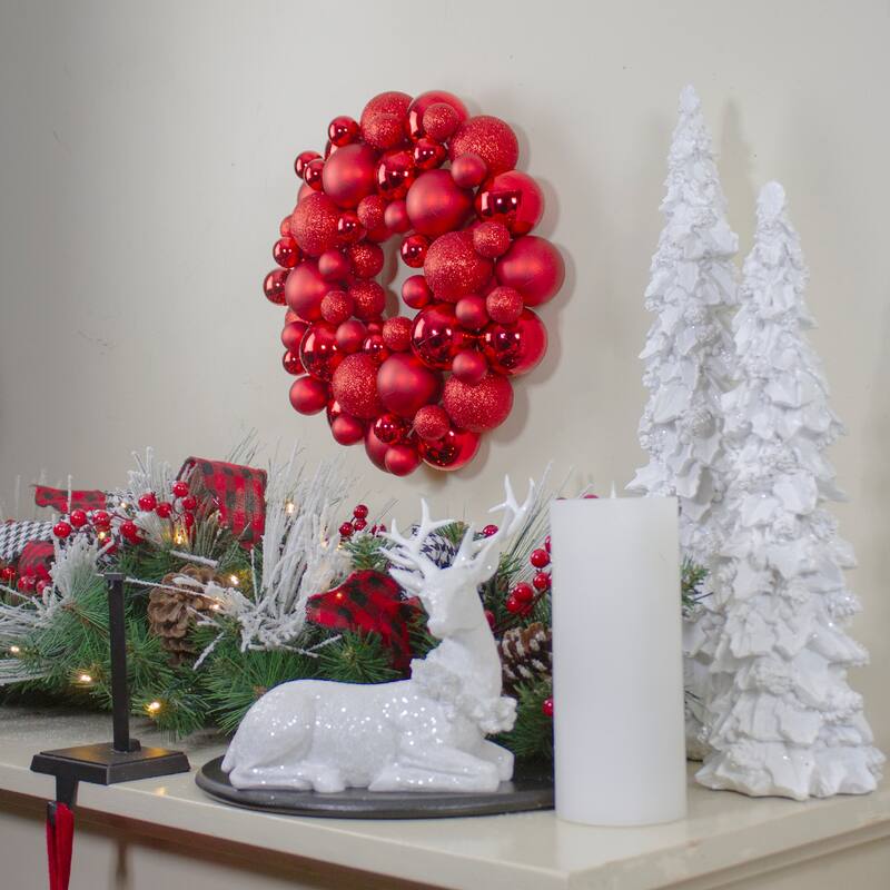 3-Finish Shatterproof Ball Christmas Wreath - 13" - Red - Unlit