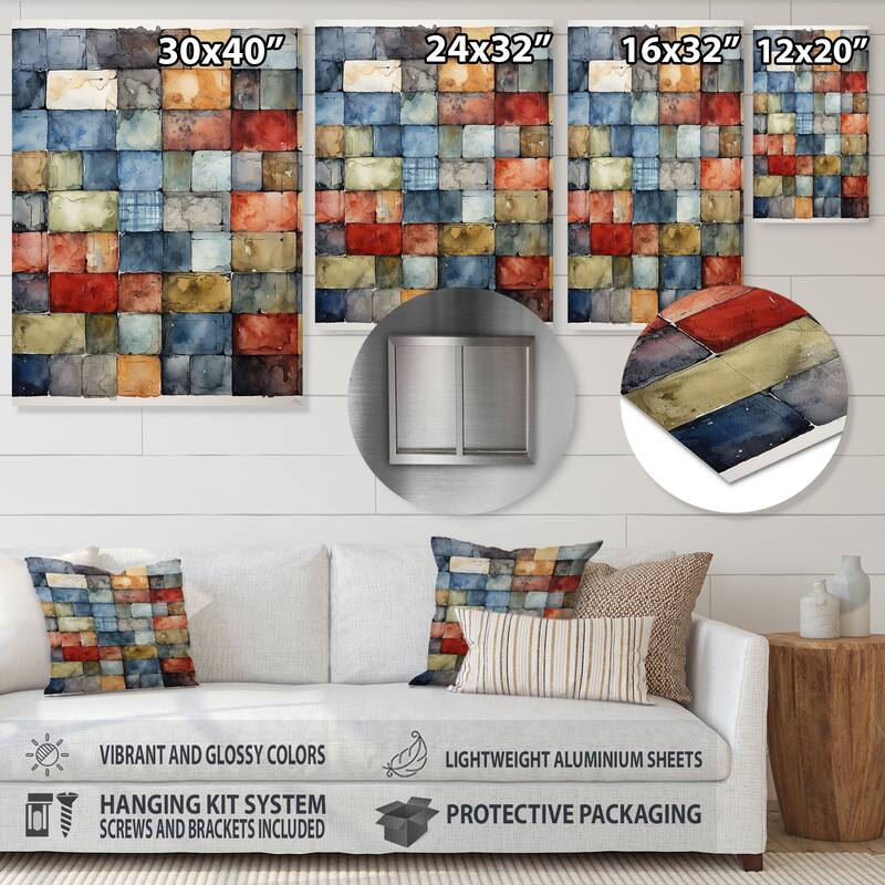 Designart "Colorful Earth Colors Tiles II" Abstract Tile Metal Wall Art Colorful Metal Wall Décor Modern Metal Art Work