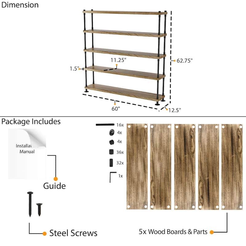 Wallniture 60 inch Long Pipe Bookcase, 11.25'' Deep & 1.5'' Thick Hanging Wood Shelf for Home Organization, Rustic, Tier Options