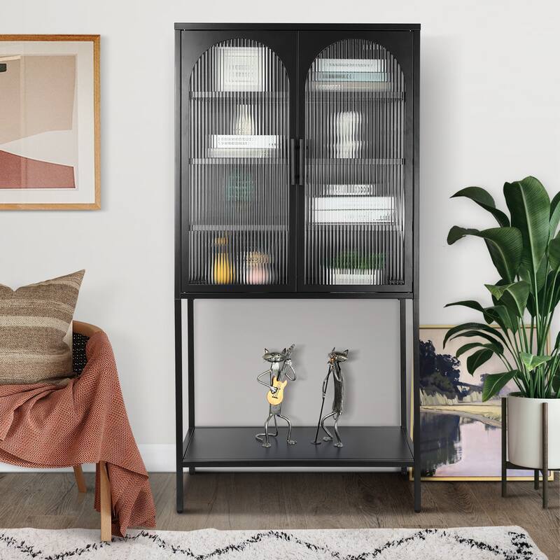 Elegant Floor Cabinet with 2 Glass Arched Doors Living Room Display Cabinet with Adjustable Shelves Anti-Tip Dust-free - Black