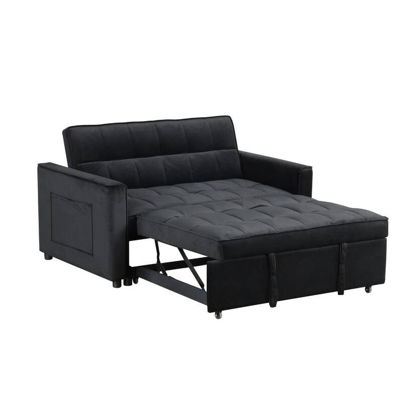 Marve Convertible Sleeper Loveseat, Side Pockets, Black Velvet 54 Inch