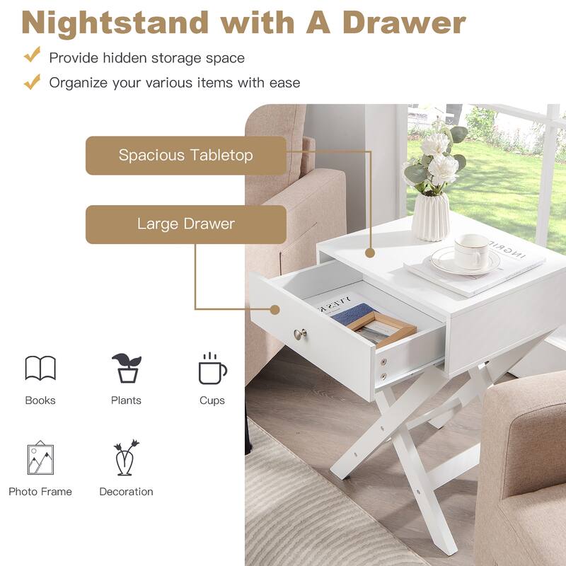 Costway Side Nightstand with Drawer x Shaped Structure Accent Sofa End