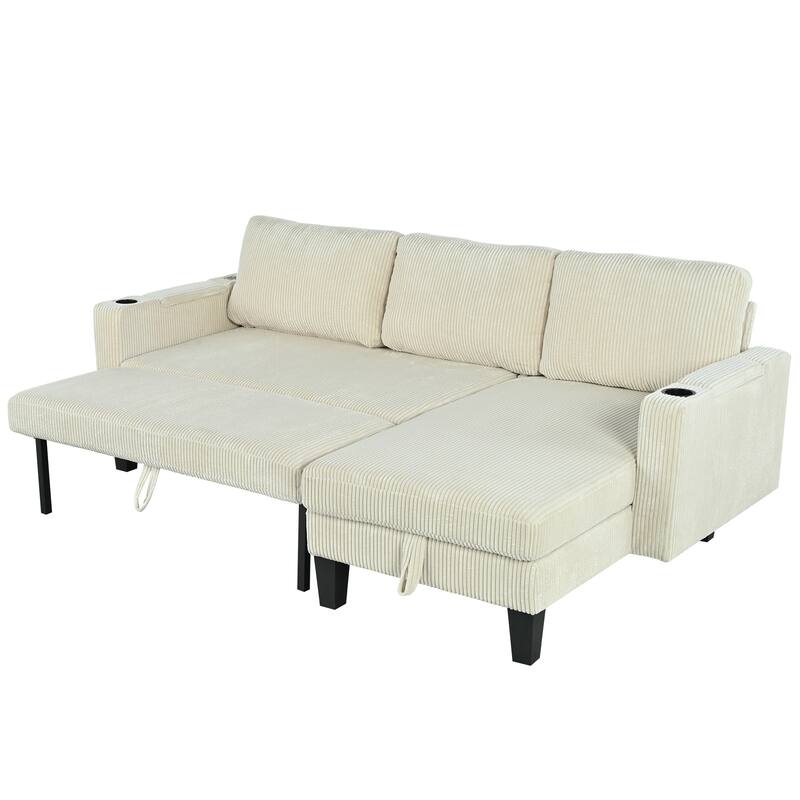 Reversible L-Shaped Beige Corduroy Sleeper Sofa with Storage, Cup Holder & USB Ports
