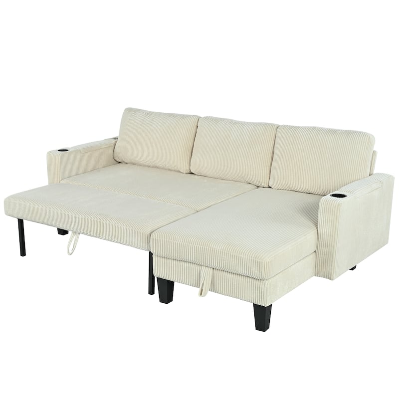 Reversible L-Shaped Sectional Sofa with Storage Chaise, USB Ports, Arm Cup Holder, Modern Corduroy Sleeper Couch for Living Room