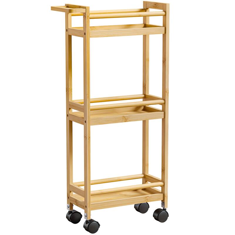Anmytek 3-Tier Bamboo Kitchen Rolling Cart - Multi-Purpose Mobile Trolley with Lockable Wheels