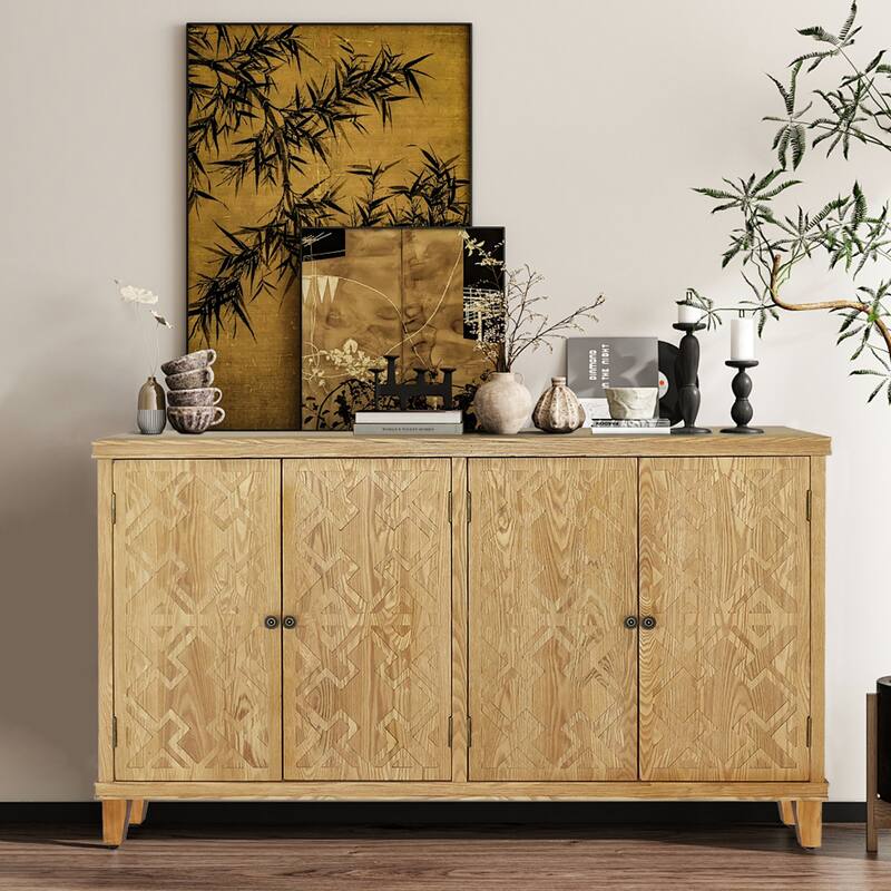 59" Natural Wood Media Console- 4-Door Accent Cabinet for Living Room, Entryway or Bedroom - Versatile Buffet &Storage Solution‌