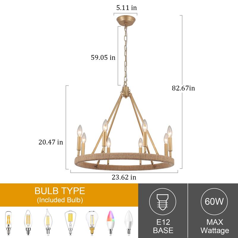 8-Light Rustic Hemp Rope Wagon Wheel Chandelier, Classic Farmhouse Chandelier for Dining Living Room - W23.62"x H20.47"