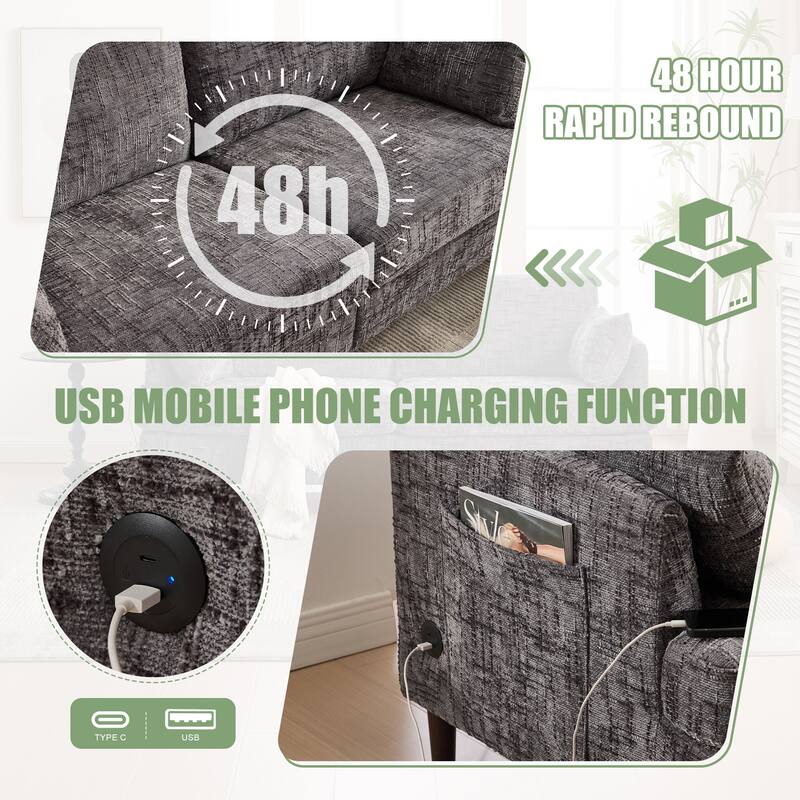 Modern Style Chenille 2-Seater Wood-Legged Sofa With Led Light,USB Charging Port And Storage Bag Living Room Bedroom Study Room