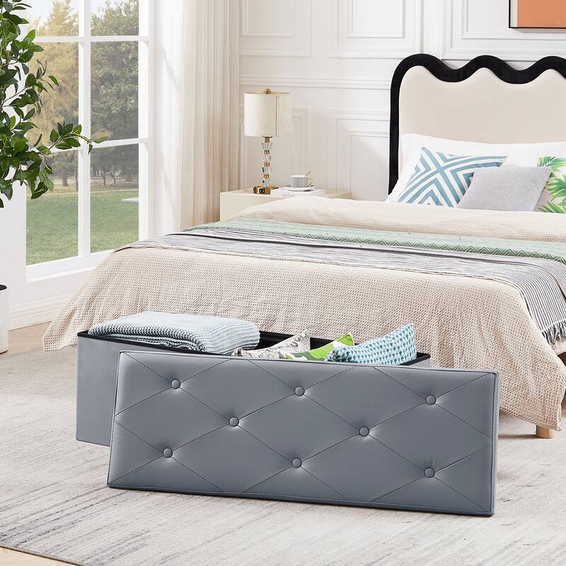 2 PC Storage Folding Ottoman, Storage Footrest Stool, Faux Leather Storage Bench Cube with Padded Seat for Small Space