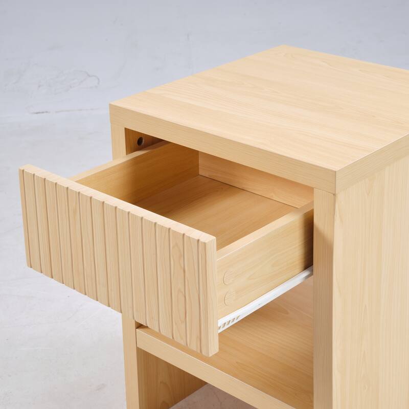 Night Stand with Drawer Storage Fluted Bed Side Table, Natural Wood