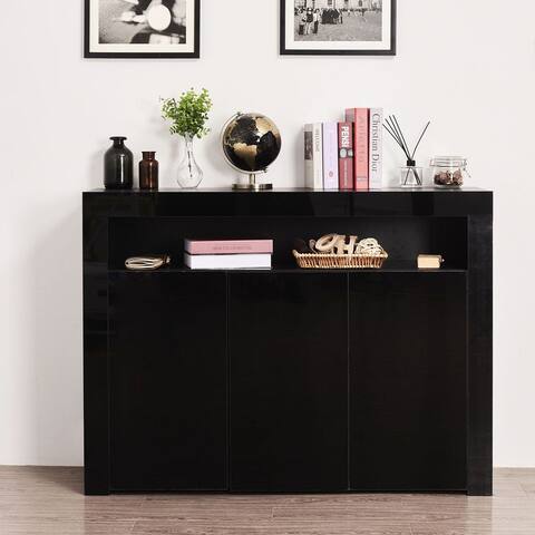 Living Room Sideboard Storage Cabinet High Gloss with LED Light, Wooden Storage Display Cabinet TV Stand with 3 Doors