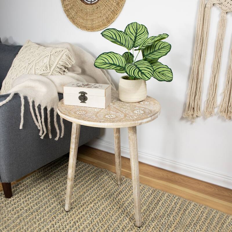22" Brushed White Engraved Floral Round Tri Leg Wooden Side Table