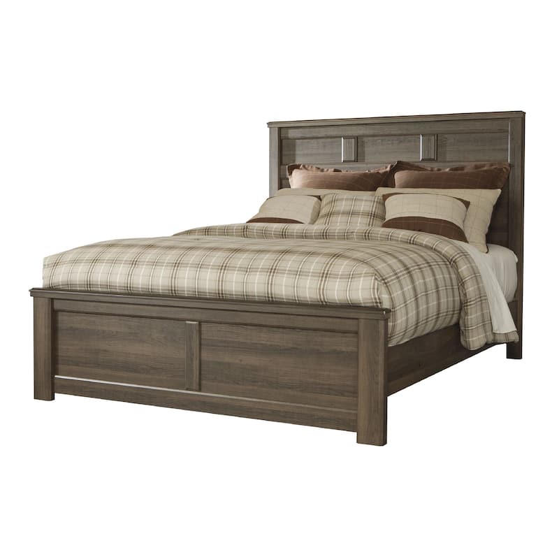 Joi Queen Size Bed, Plank Panel Design, Aged Oak Brown Rough Sawn