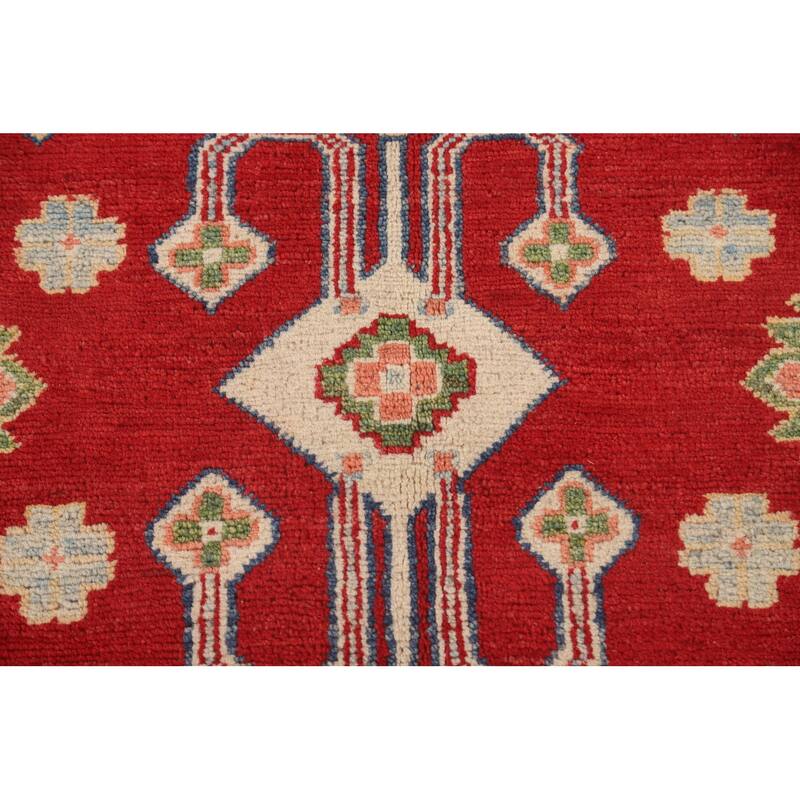 Red Geometric Kazak Living Room Area Rug Handmade Wool Carpet - 6'7" x 9'11"