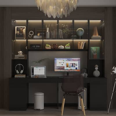 90.6"Illuminated Glass Workstation Productive Workspace Bookshelf Desk