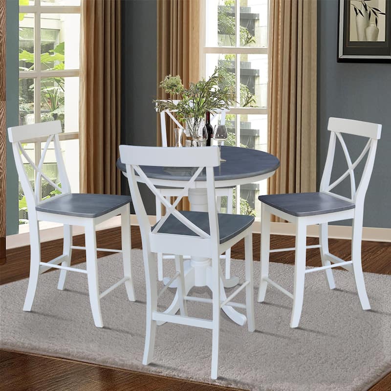 36 in Solid Wood Round Pedestal Gathering Height Dining Table with 4 X-back Counter Height Stools