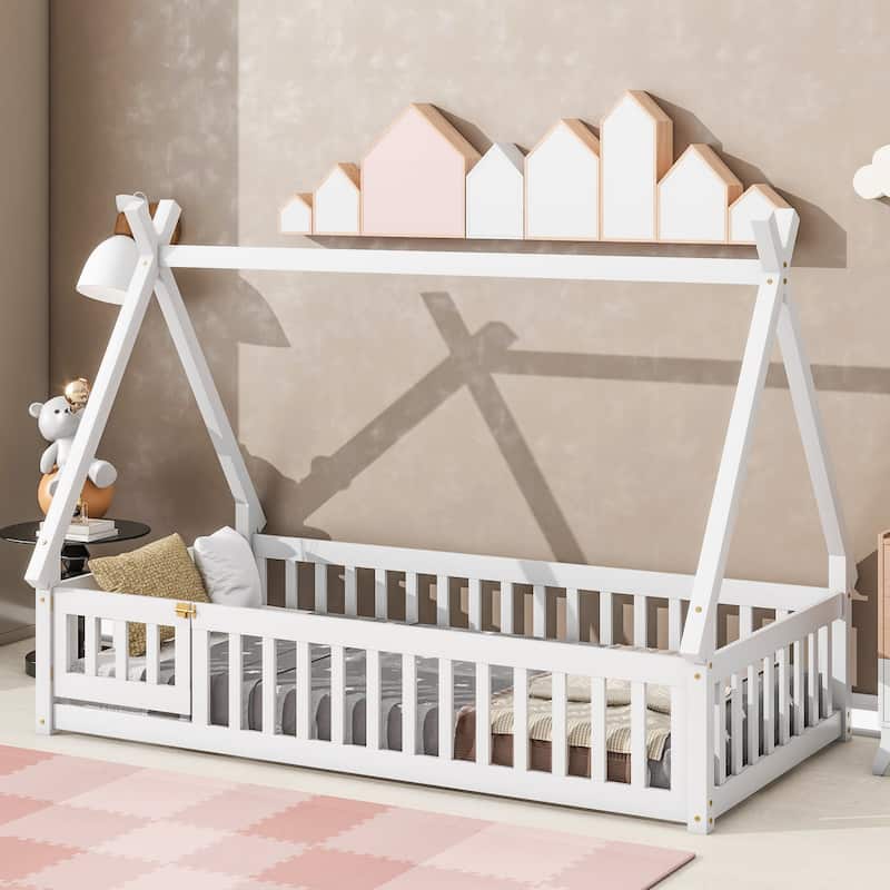 Twin Tent-shaped Floor Bed with Guardrails