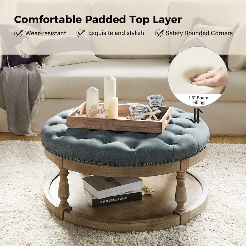Illyria Transitional Multifunctional Tufted 35.5" Storage Ottoman Table with Spindle Legs by HULALA HOME