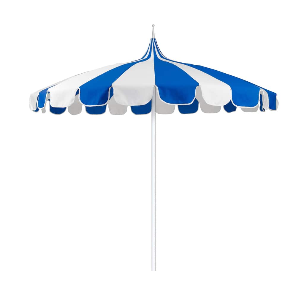 California Umbrella 8.5' Pagoda Series Patio Umbrella Silver Anodized Aluminum Pole Push Lift Sunbrella Natural & Pacific Blue