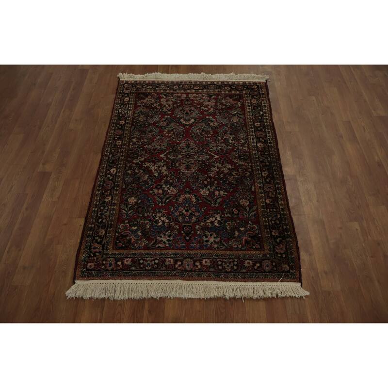 Hand Knotted Oriental 100% Wool Carpet Traditional Floral Red Sarouk Area Rug - 4' 11'' X 3' 4''