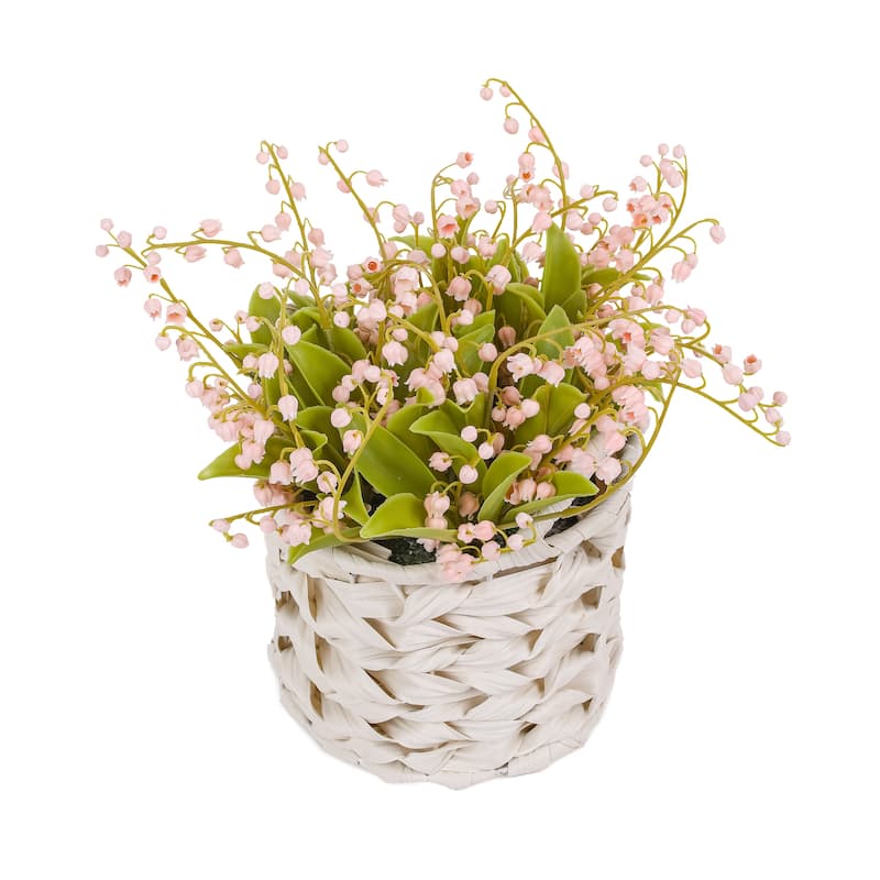 National Tree Company 11 in. Pink Lily-of-the-Valley Flowers in White Basket - 11 in