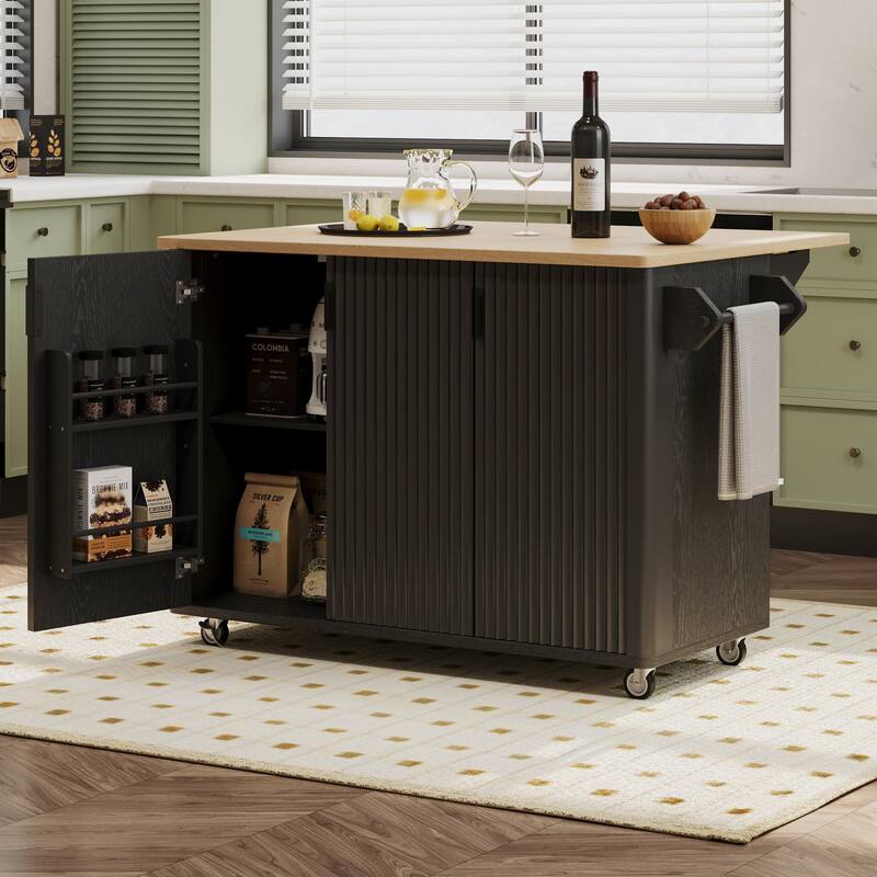 Kitchen Island with Drop Leaf, Farmhouse Kitchen Island on Wheels with Internal Storage Rack, Towel Rack for Kitchen