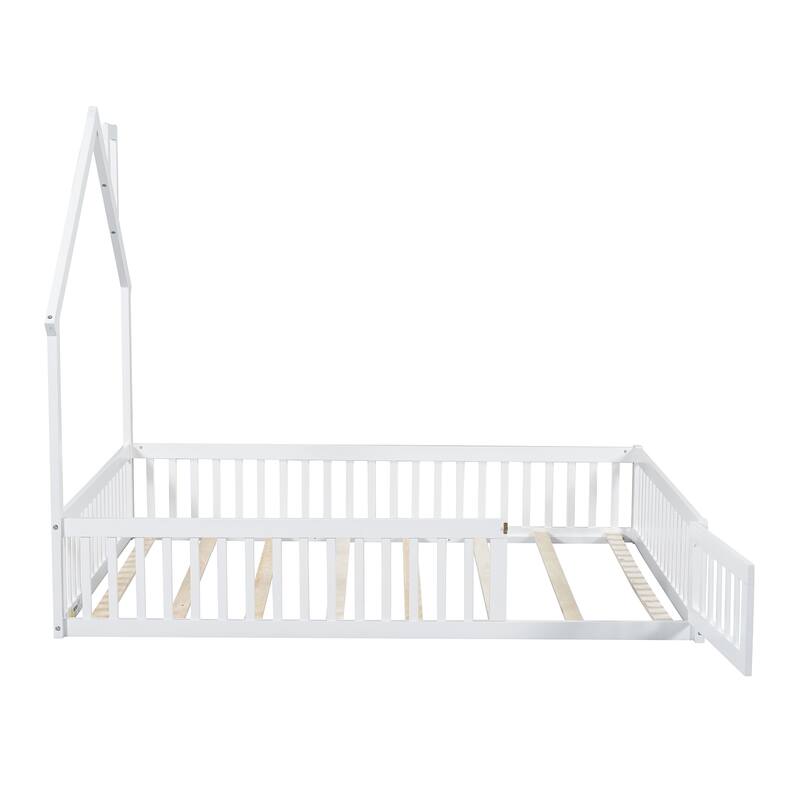 Full Size House Platform Bed with Guardrail, White