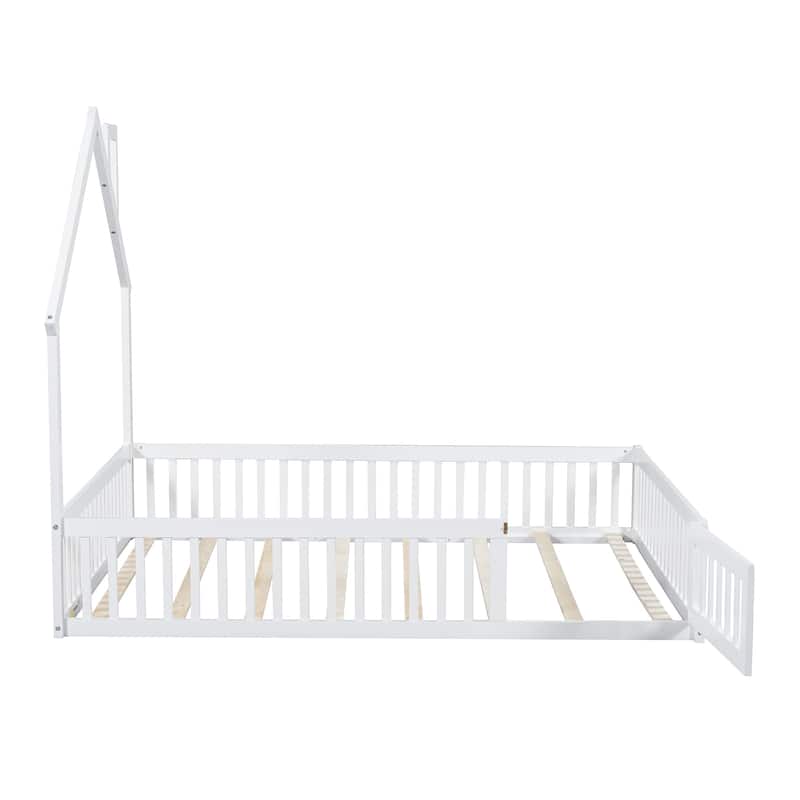 Full Size Solid Wood House Platform Bed with Guardrail