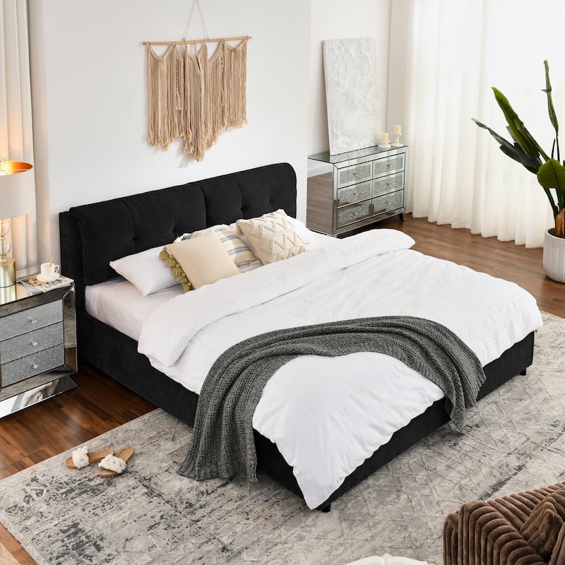 King Size Chenille Upholstered Low Platform Bed with Hydraulic Storage