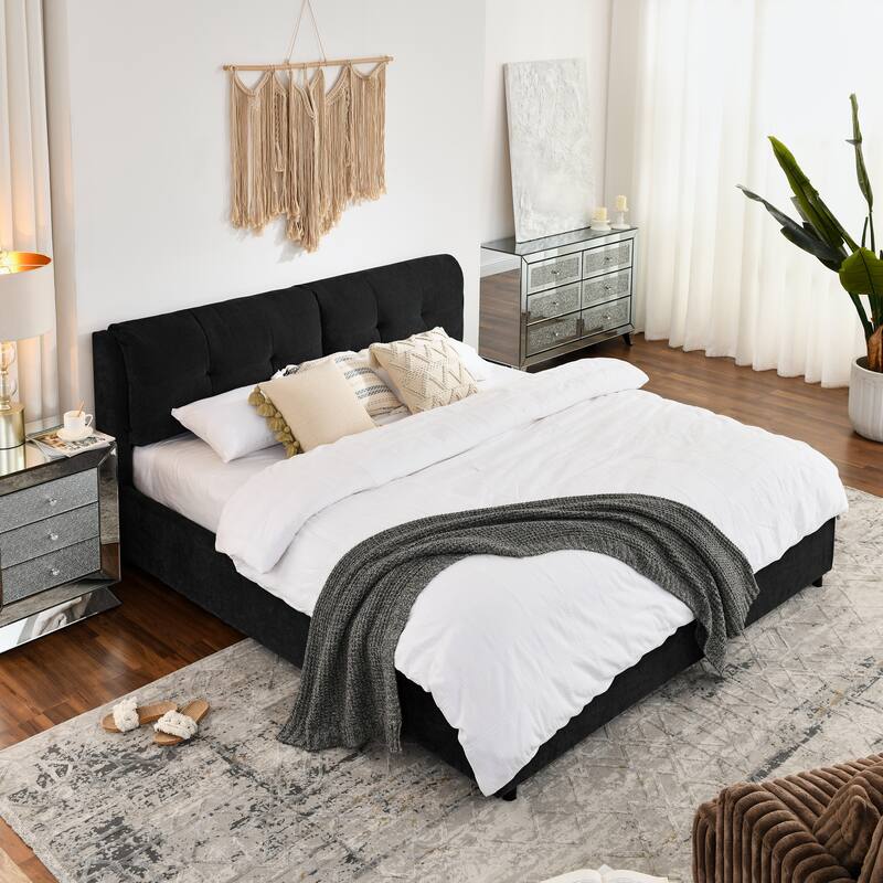 King Size Storage Upholstered Hydraulic Platform Bed with Integrated Headboard, Chenille Fabric, Black