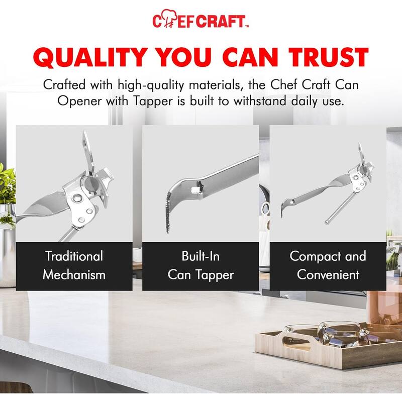 Chef Craft Durable Metal Manual Hand Can Opener with Can Tapper