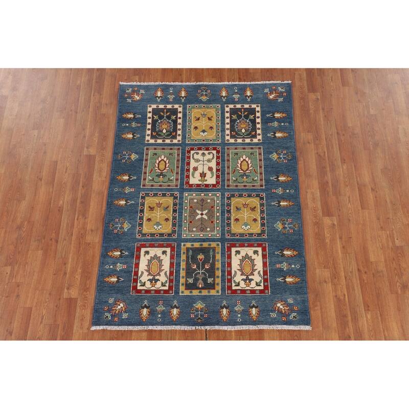 Blue Geometric Kazak Area Rug Hand-Knotted Wool Carpet - 4'2" x 5'11"