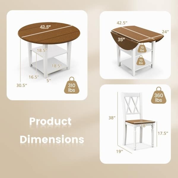 Round Drop Leaf Dining Table Set with 4 Chairs in White/Walnut Wood ...