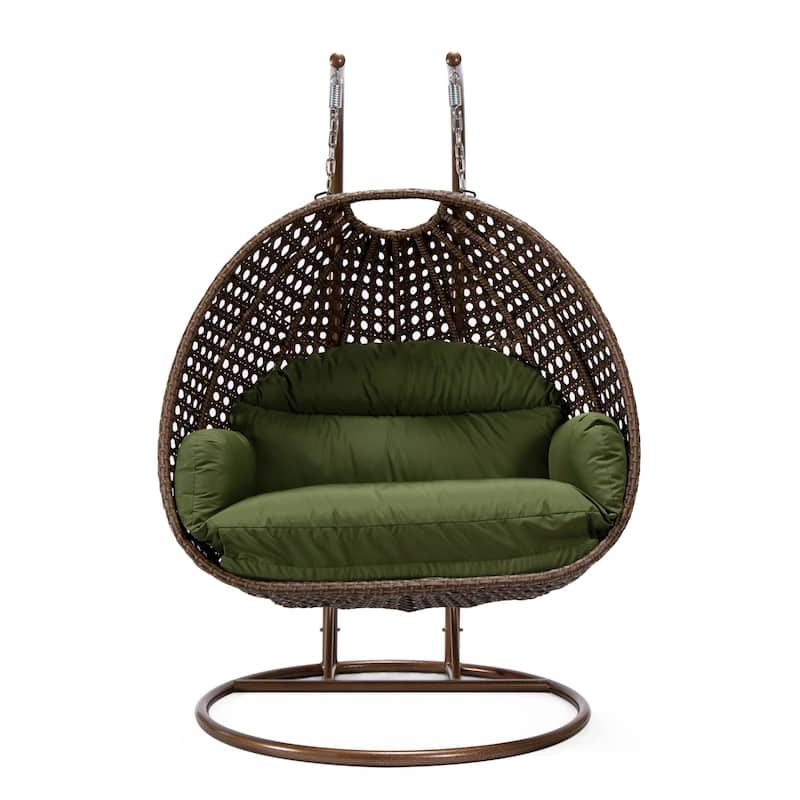 LeisureMod Mendoza Dark Brown 2 Seater Wicker Patio Hanging Double Swing Chair for Patio Porch Backyard Garden - 53"