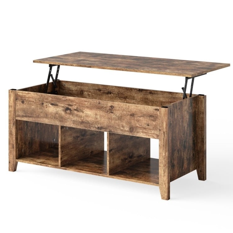 Modern Wood Lift Top Coffee Table with 3 Open Storage Shelves and Iron Legs for Daily Use - Tan