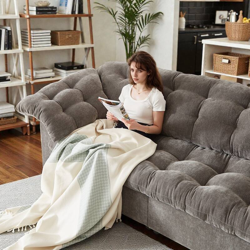 94.8" Chenille Deep Seat Sofa, Modern Cloud-Like Upholstered 3-Seater Couch for Living Room, Bedroom, Office & Apartments