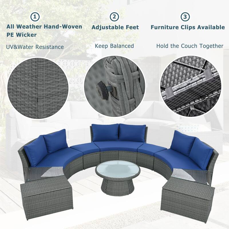 10-Piece Patio Sectional Curved Outdoor Rattan Sofa Set with Cushions, Storage Boxes, Ottomans, Tables and Glass Top