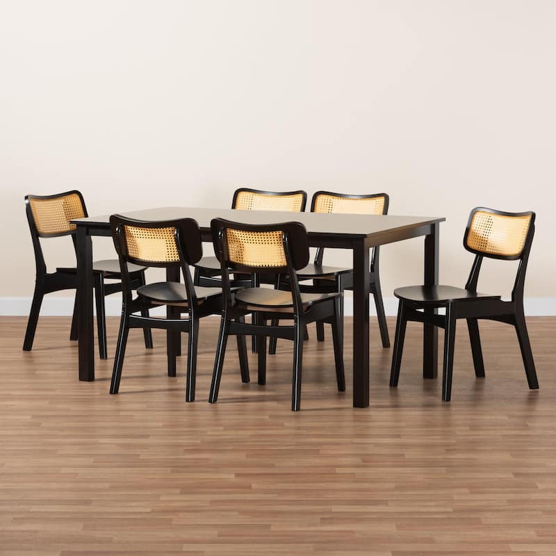Estera Mid-Century Modern Wood and Rattan 7-Piece Dining Set