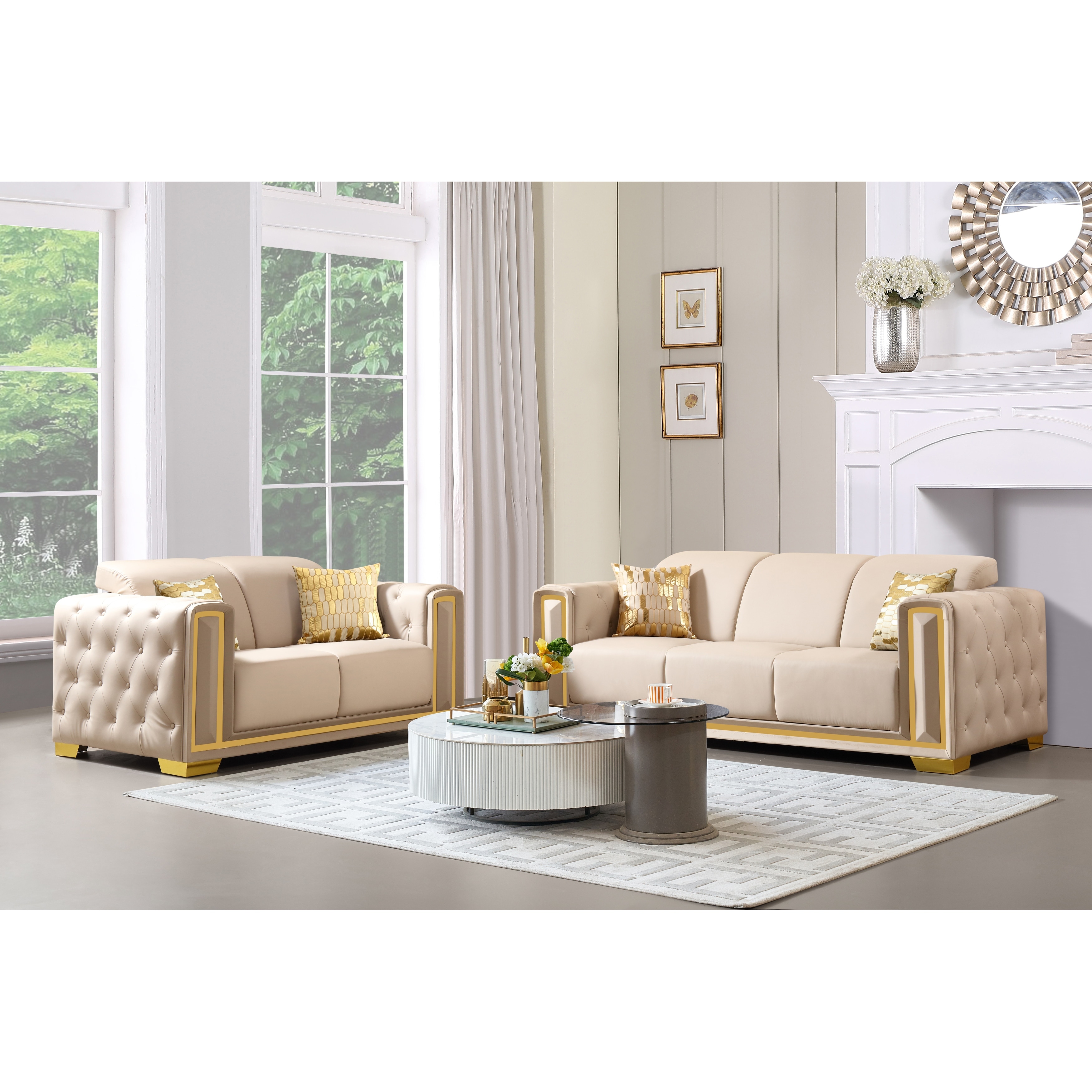 2 Piece PU Leather Tufted Living Room Set with Sofa Loveseat Cream