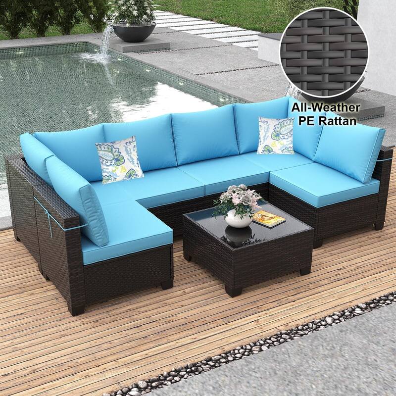 7 Piece Wicker Outdoor Patio Furniture Set, Outdoor Seating Set with Rattan Coffee Table