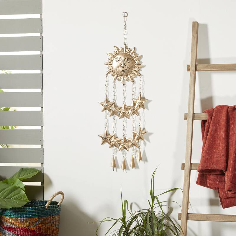 Metal Sun and Star Handmade Indoor Outdoor Windchime with Glass Beads and Cone Bells - Gold - Roche River Decor