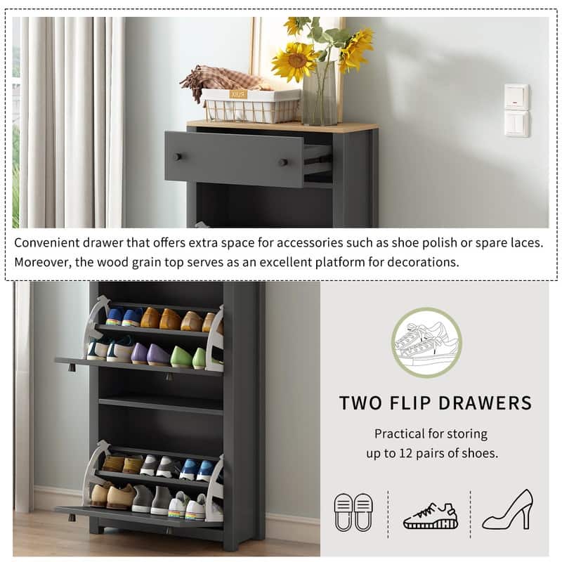 Entryway Shoe Storage Cabinet with 2 Flip Drawers- Up to 12 Pairs of Shoes
