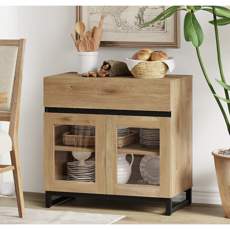 WAMPAT Multifunctional Sideboard Buffet Cabinets with 6 Glass Doors and Drawers, Modern Sideboard, Coffee Bar Storage Cabinet - 1PACK - Oak