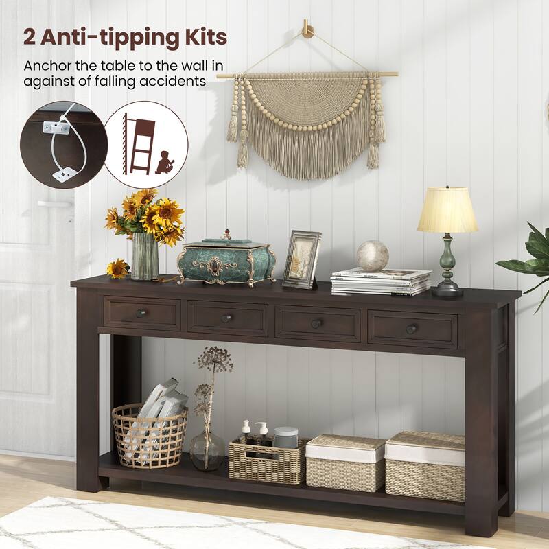 Gymax 63'' Farmhouse Entryway Table with 4 Storage Drawers and Open