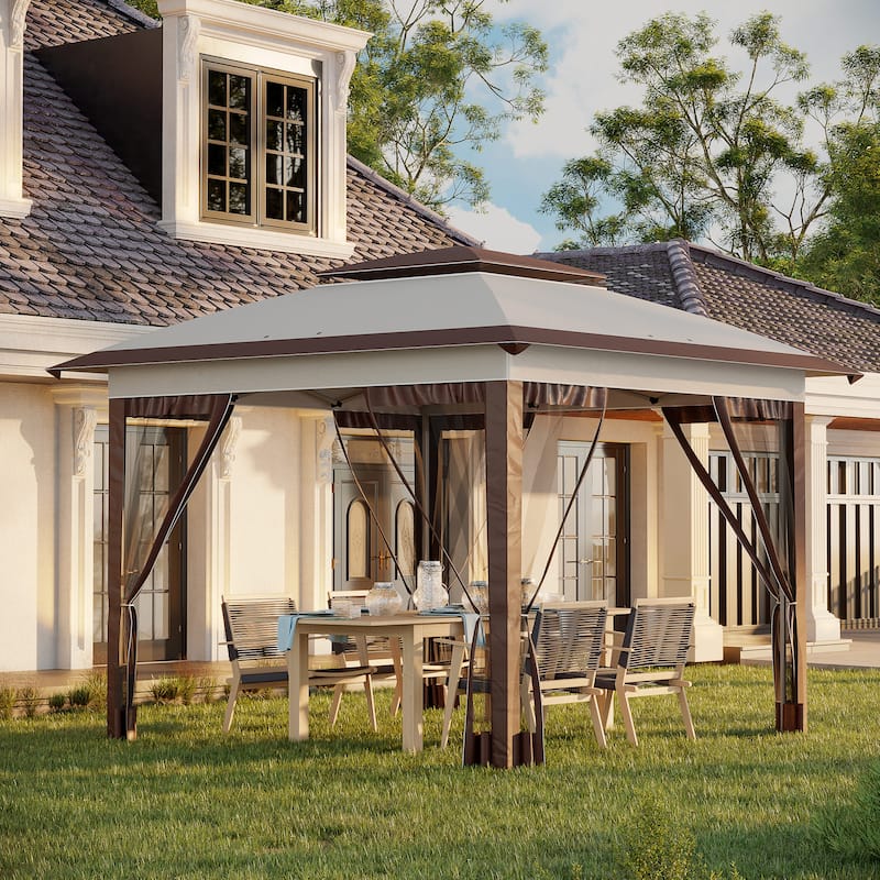 Outsunny 12' x 12' Pop Up Canopy Tent with Netting and Carry Bag, Instant Sun Shelter with 137 sq.ft Shade, Tents for Parties - Beige