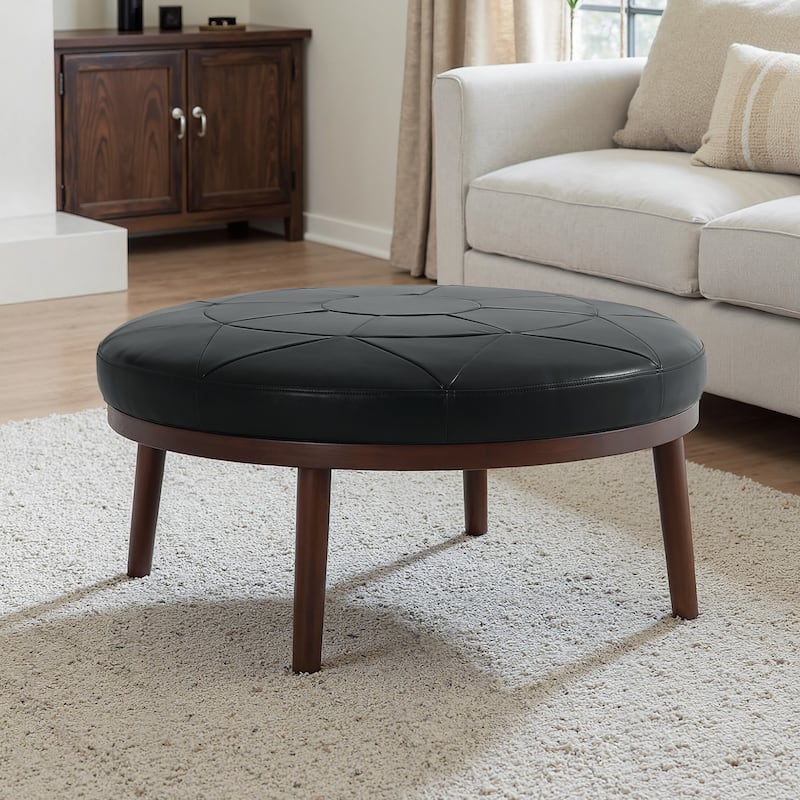 Lumibee 34.5" W Full Grain Genuine Italian Leather Ottoman - Black