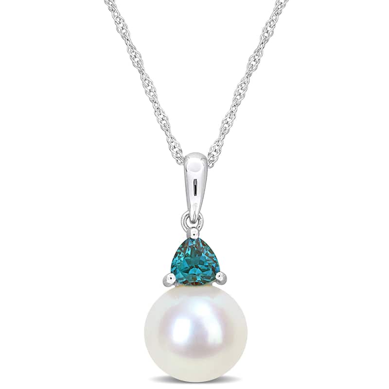 Miadora 8-8.5mm Cultured Freshwater Pearl and 1/3ct TGW Created Alexandrite Drop Pendant with Chain in 10k White Gold